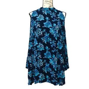 Angie (M) Long Sleeve Cold Shoulder Floral Swing Dress High Neck Cut Out Back